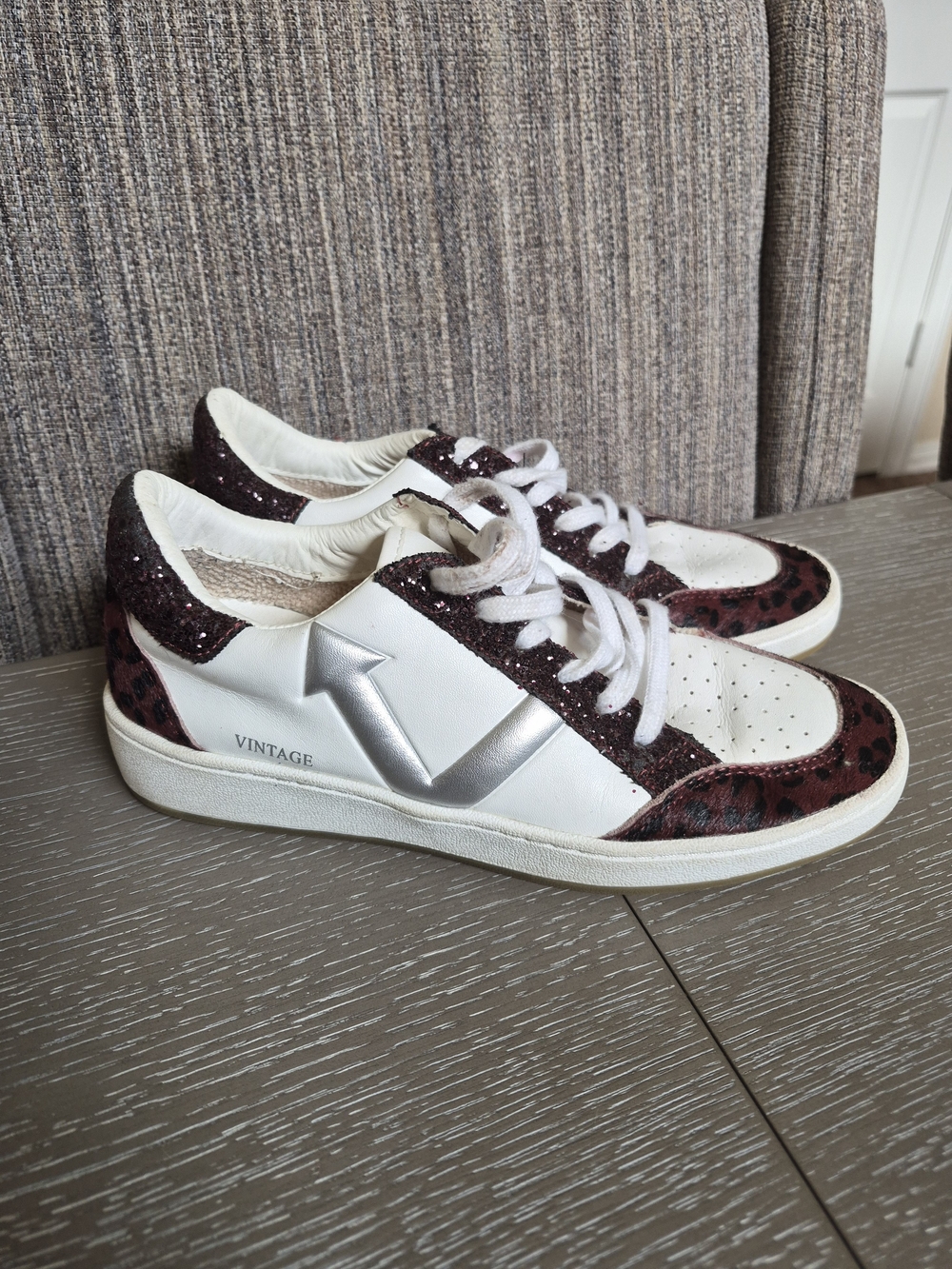 Vintage Havana White Leather Sneakers with Burgundy Leopard and Silver Detail